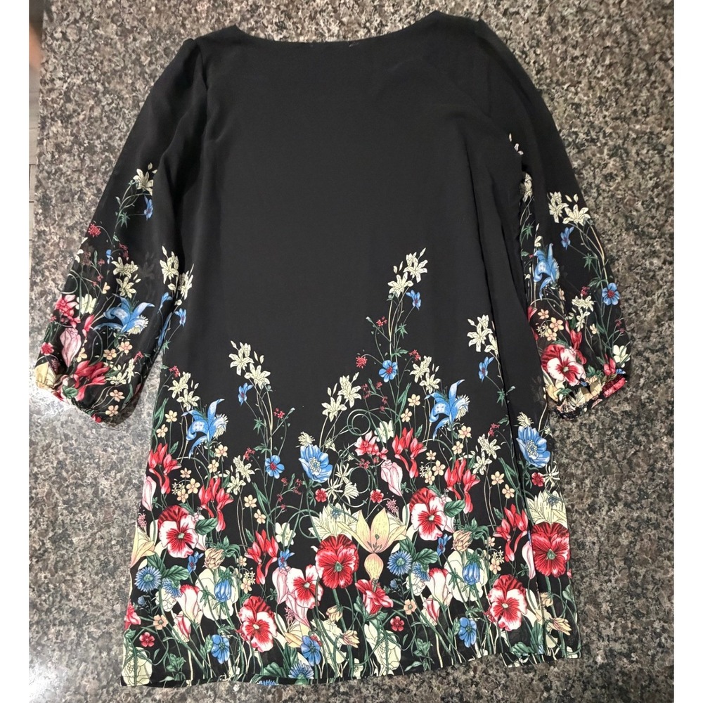 DJT Womens Black Floral Border Print Chiffon Shift Dress Long Sleeve Size M